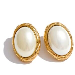 Gold-Tone Faux Mabe Pearl Stud Earrings Stainless Steel 18k Plated PVD